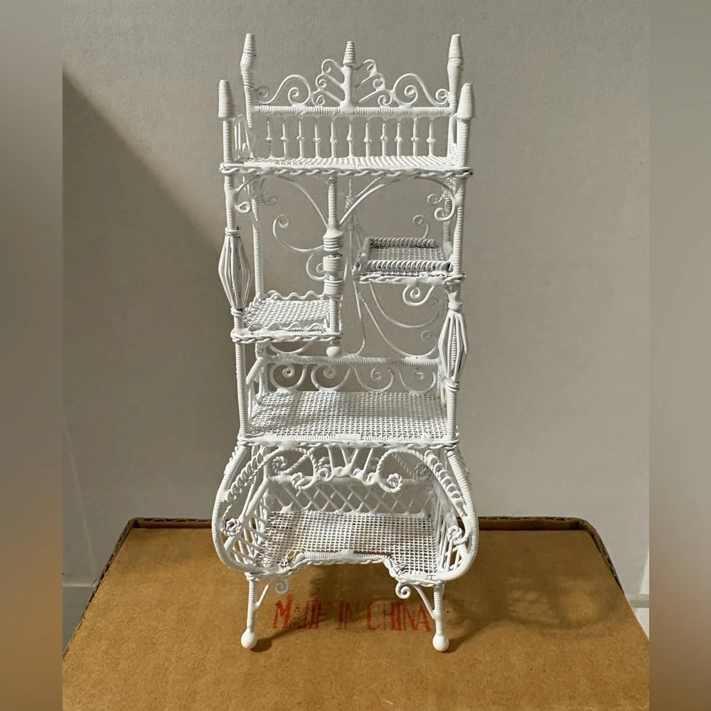 miniature‎ white metal Victorian-style wicker etagere display shelf Wrought Iron